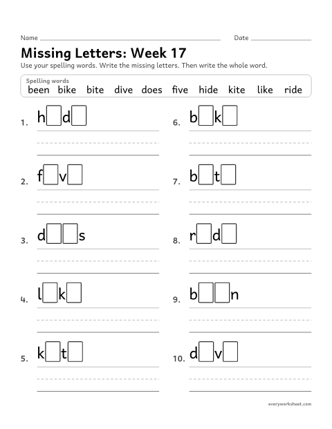 Preview of the printable “Missing Letters: week 17 (Silent e: i_e)” worksheet: writing the missing pattern letters in spelling words with i with a silent e, as in kite