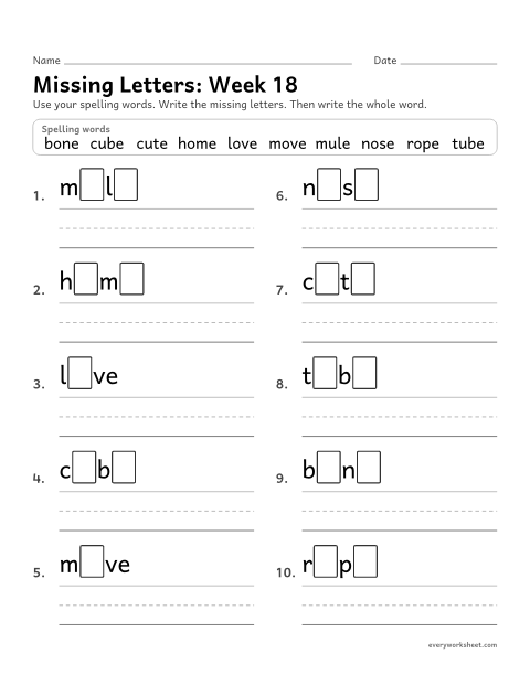 Preview of the printable “Missing Letters: week 18 (Silent e: o_e and u_e)” worksheet: writing the missing pattern letters in spelling words with o and u with a silent e, as in bone and cube