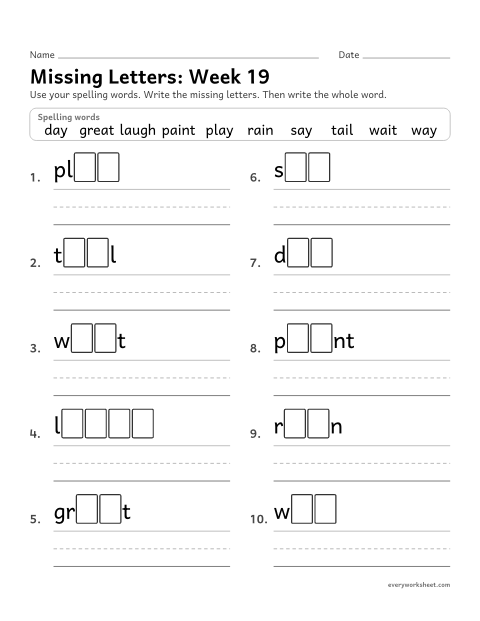 Preview of the printable “Missing Letters: week 19 (Long a: ai and ay)” worksheet: writing the missing pattern letters in spelling words with ai and ay, as in rain and day
