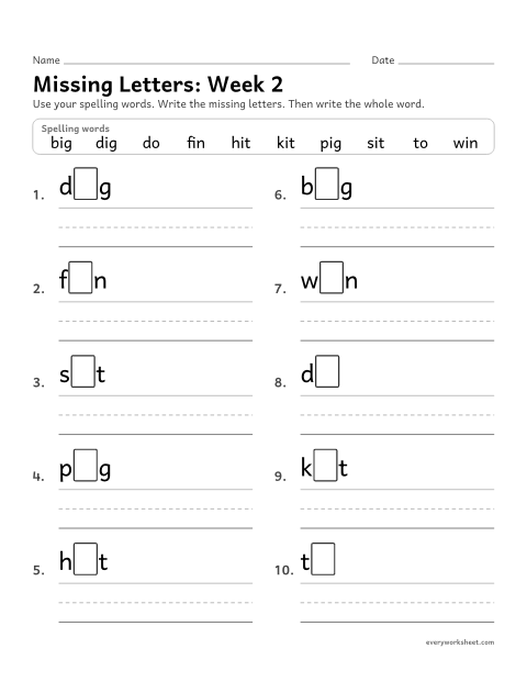 Preview of the printable “Missing Letters: week 2 (Short i)” worksheet: writing the missing pattern letters in spelling words with short i, as in pig