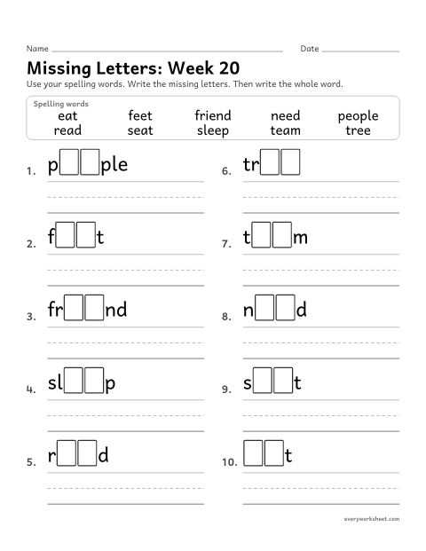 Preview of the printable “Missing Letters: week 20 (Long e: ee and ea)” worksheet: writing the missing pattern letters in spelling words with ee and ea, as in tree and eat