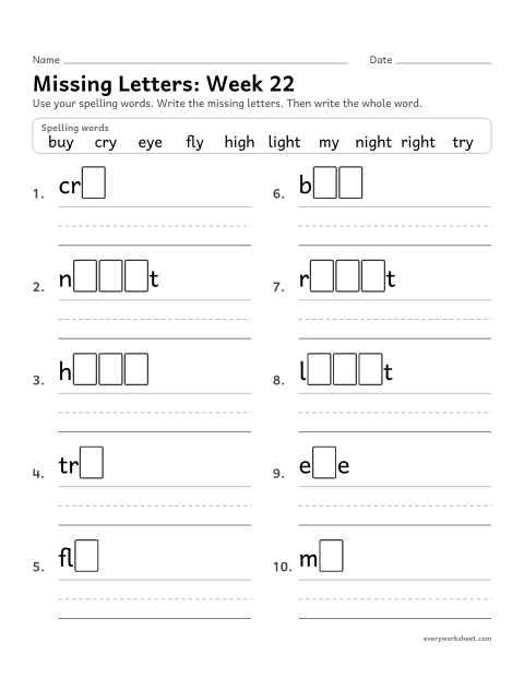 Preview of the printable “Missing Letters: week 22 (Long i: igh and y)” worksheet: writing the missing pattern letters in spelling words with igh and y, as in night and fly