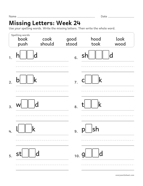 Preview of the printable “Missing Letters: week 24 (oo as in book)” worksheet: writing the missing pattern letters in spelling words with oo, as in book