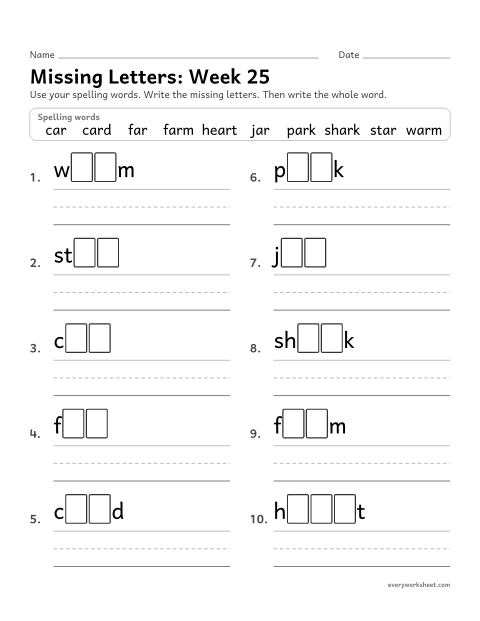 Preview of the printable “Missing Letters: week 25 (ar words)” worksheet: writing the missing pattern letters in spelling words with ar, as in car