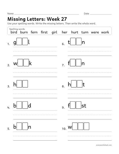 Preview of the printable “Missing Letters: week 27 (er, ir and ur)” worksheet: writing the missing pattern letters in spelling words with er, ir and ur, as in her, bird and turn