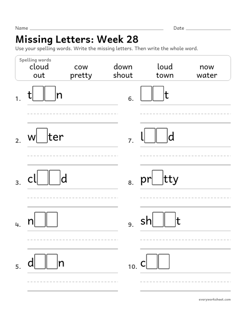 Preview of the printable “Missing Letters: week 28 (ou and ow)” worksheet: writing the missing pattern letters in spelling words with ou and ow, as in out and cow