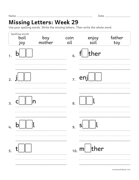 Preview of the printable “Missing Letters: week 29 (oi and oy)” worksheet: writing the missing pattern letters in spelling words with oi and oy, as in coin and boy