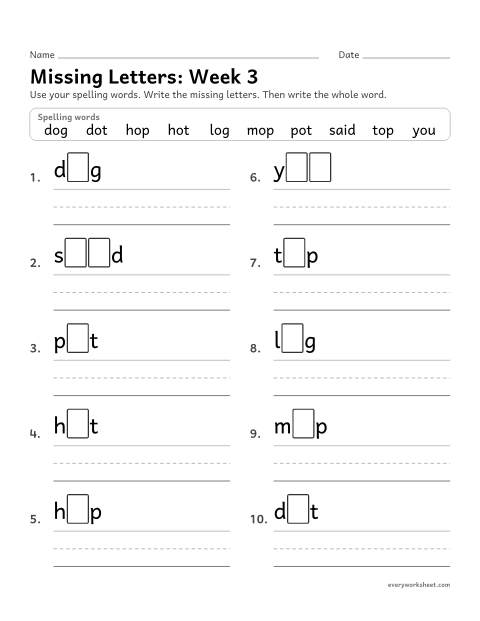 Preview of the printable “Missing Letters: week 3 (Short o)” worksheet: writing the missing pattern letters in spelling words with short o, as in dog