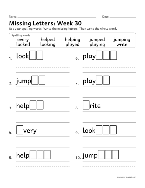 Preview of the printable “Missing Letters: week 30 (Endings -ed and -ing)” worksheet: writing the missing pattern letters in spelling words with -ed and -ing, as in jumped and jumping