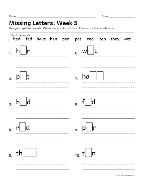 Preview of the printable “Missing Letters: week 5 (Short e)” worksheet: writing the missing pattern letters in spelling words with short e, as in bed