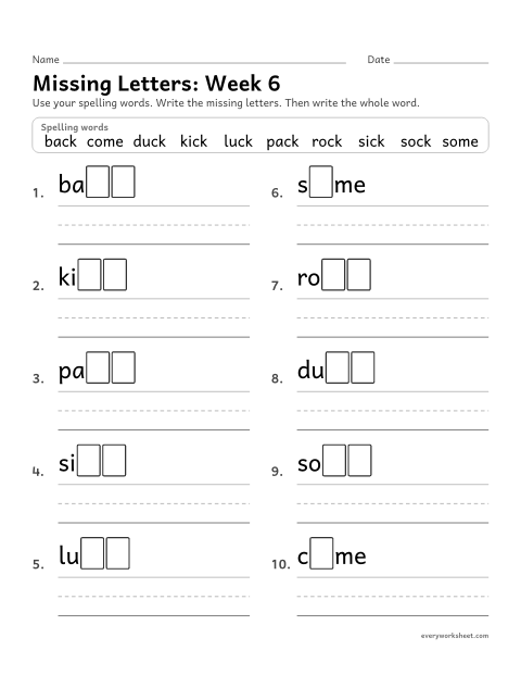 Preview of the printable “Missing Letters: week 6 (Words with ck)” worksheet: writing the missing pattern letters in spelling words with ck at the end, as in duck