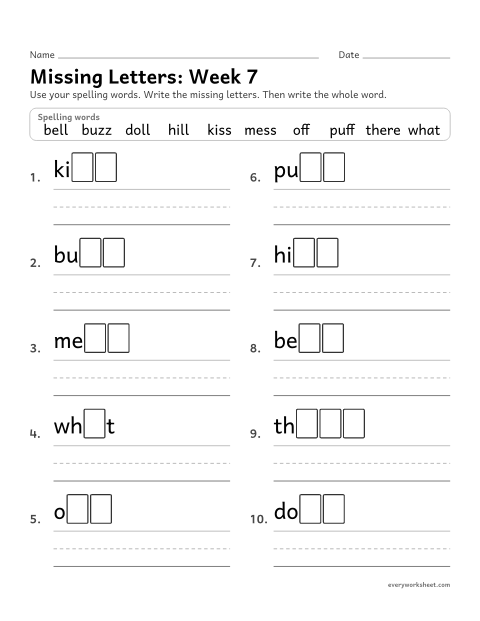 Preview of the printable “Missing Letters: week 7 (Double letters ff, ll, ss, zz)” worksheet: writing the missing pattern letters in spelling words with ff, ll, ss and zz at the end, as in bell