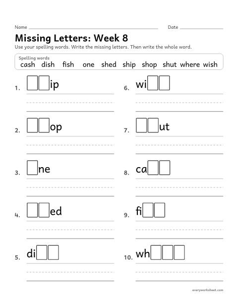 Preview of the printable “Missing Letters: week 8 (Words with sh)” worksheet: writing the missing pattern letters in spelling words with sh, as in ship and fish
