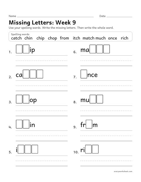 Preview of the printable “Missing Letters: week 9 (Words with ch and tch)” worksheet: writing the missing pattern letters in spelling words with ch and tch, as in chin and catch