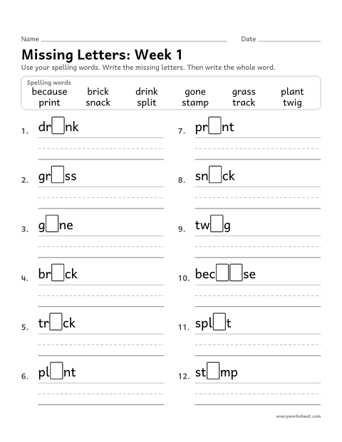Preview of the printable “Missing Letters: week 1 (Short a and short i)” worksheet: writing the missing pattern letters in spelling words with short a and short i, as in track and twig