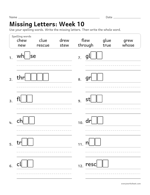 Preview of the printable “Missing Letters: week 10 (ue and ew)” worksheet: writing the missing pattern letters in spelling words with ue and ew, as in glue and new