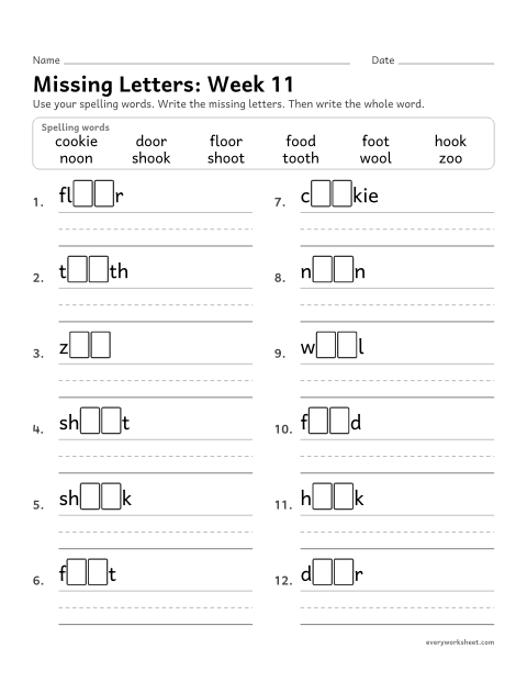 Preview of the printable “Missing Letters: week 11 (oo as in moon and book)” worksheet: writing the missing pattern letters in spelling words with oo as in moon and oo as in book