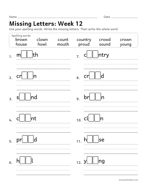 Preview of the printable “Missing Letters: week 12 (ou and ow)” worksheet: writing the missing pattern letters in spelling words with ou and ow, as in house and crown