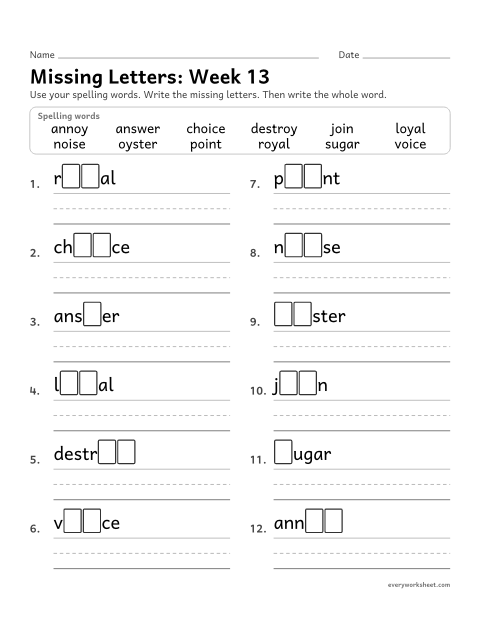 Preview of the printable “Missing Letters: week 13 (oi and oy)” worksheet: writing the missing pattern letters in spelling words with oi and oy, as in voice and royal