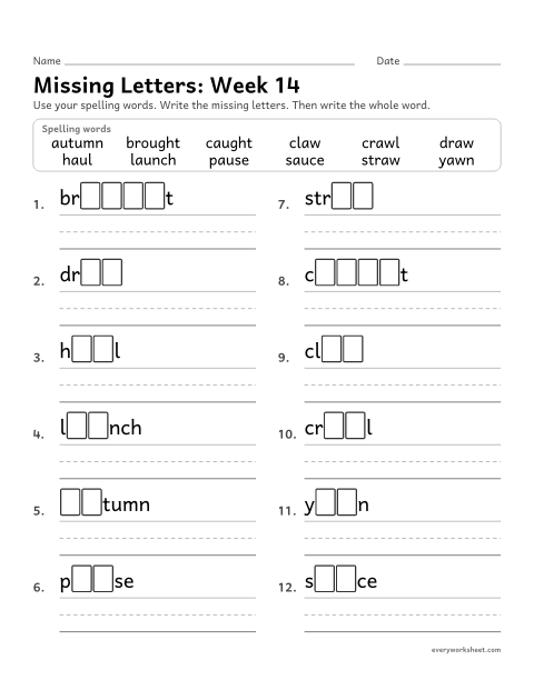 Preview of the printable “Missing Letters: week 14 (au and aw)” worksheet: writing the missing pattern letters in spelling words with au and aw, as in sauce and draw