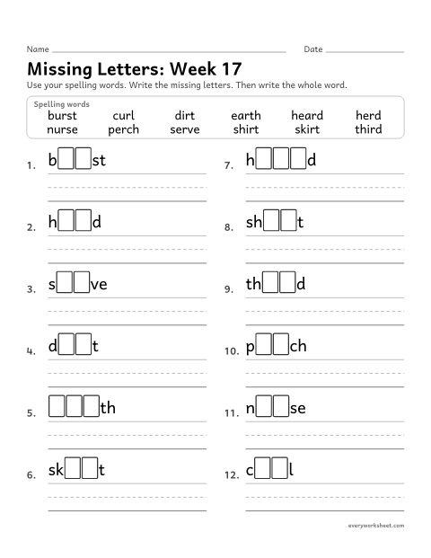Preview of the printable “Missing Letters: week 17 (er, ir and ur)” worksheet: writing the missing pattern letters in spelling words with er, ir and ur, as in herd, shirt and nurse