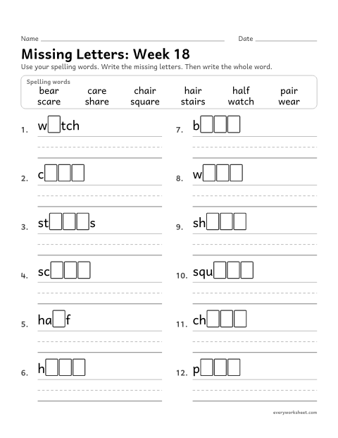 Preview of the printable “Missing Letters: week 18 (air, are and ear)” worksheet: writing the missing pattern letters in spelling words with air, are and ear, as in chair, care and bear