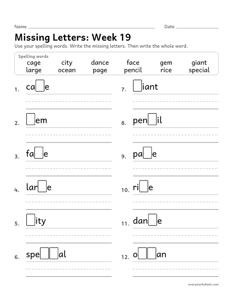 Preview of the printable “Missing Letters: week 19 (Soft c and soft g)” worksheet: writing the missing pattern letters in spelling words with soft c and soft g, as in city and giant