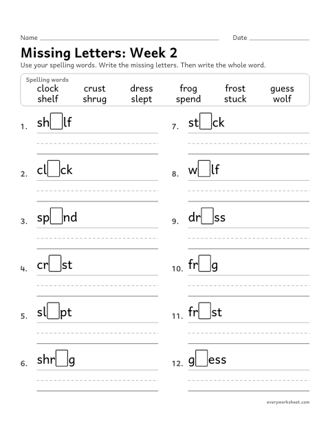 Preview of the printable “Missing Letters: week 2 (Short o, u and e)” worksheet: writing the missing pattern letters in spelling words with short o, u and e, as in clock, stuck and dress