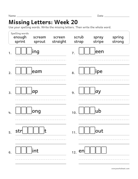 Preview of the printable “Missing Letters: week 20 (Three-letter blends: scr, spr, str)” worksheet: writing the missing pattern letters in spelling words with three-letter blends, as in scrub, spring and stripe