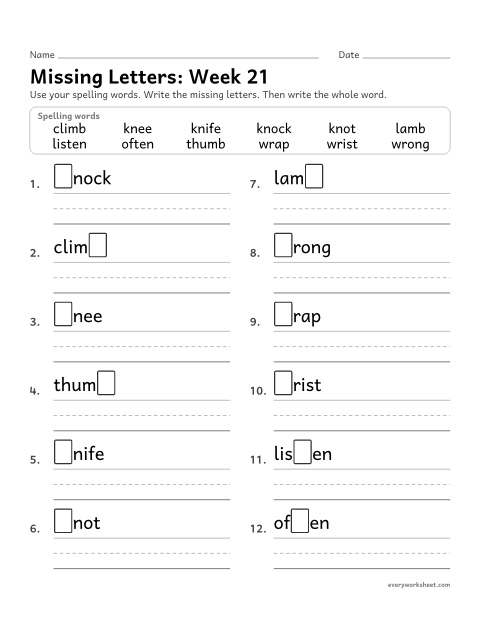 Preview of the printable “Missing Letters: week 21 (Silent letters: kn, wr, mb)” worksheet: writing the missing pattern letters in spelling words with silent letters, as in knee, wrap and lamb