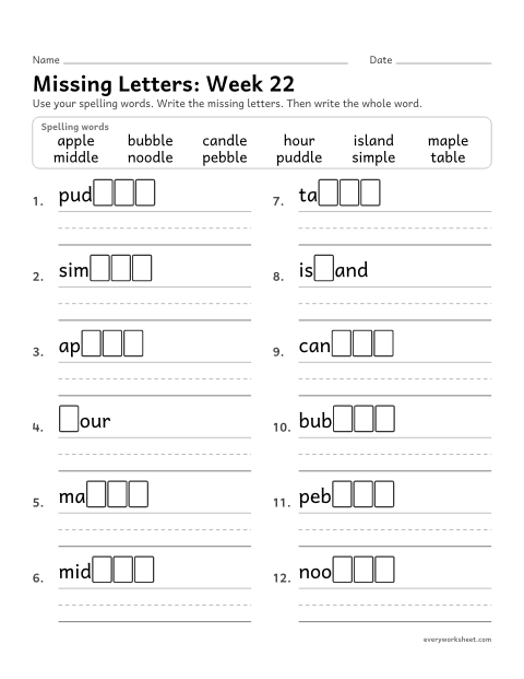 Preview of the printable “Missing Letters: week 22 (Words with -le)” worksheet: writing the missing pattern letters in spelling words with a consonant and le at the end, as in table and candle