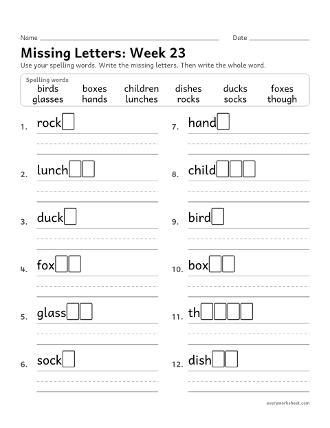 Preview of the printable “Missing Letters: week 23 (Plurals: -s and -es)” worksheet: writing the missing pattern letters in spelling words with the endings -s and -es, as in hands and boxes