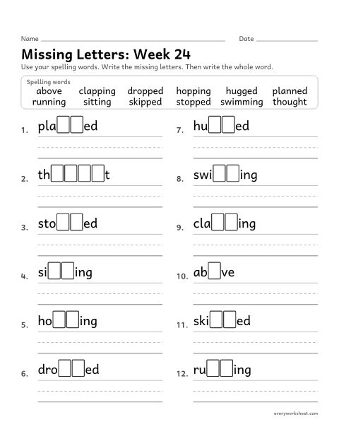 Preview of the printable “Missing Letters: week 24 (Endings: double the last letter)” worksheet: writing the missing pattern letters in spelling words with a doubled last letter before -ing and -ed, as in hopping and stopped