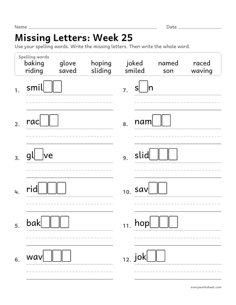 Preview of the printable “Missing Letters: week 25 (Endings: drop the e)” worksheet: writing the missing pattern letters in spelling words with the silent e dropped before -ing and -ed, as in baking and smiled