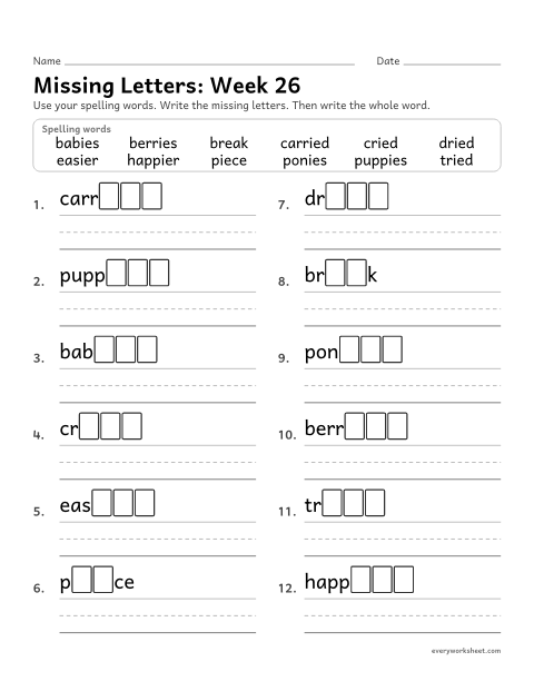 Preview of the printable “Missing Letters: week 26 (Endings: change y to i)” worksheet: writing the missing pattern letters in spelling words with y changed to i before -es, -ed and -er, as in babies and cried