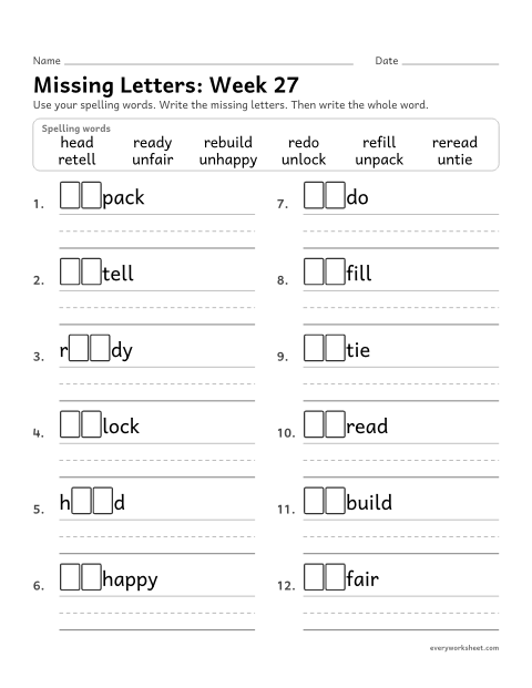 Preview of the printable “Missing Letters: week 27 (Prefixes un- and re-)” worksheet: writing the missing pattern letters in spelling words with the prefixes un- and re-, as in unlock and redo