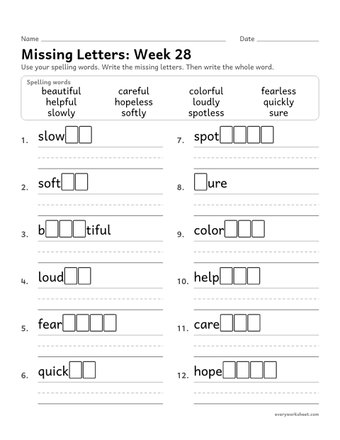 Preview of the printable “Missing Letters: week 28 (Suffixes -ful, -less and -ly)” worksheet: writing the missing pattern letters in spelling words with the suffixes -ful, -less and -ly, as in helpful, fearless and quickly