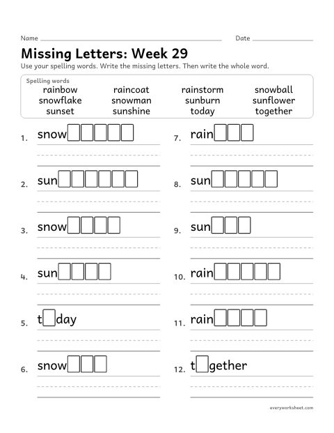 Preview of the printable “Missing Letters: week 29 (Compound words)” worksheet: writing the missing pattern letters in spelling words with two small words put together, as in sunset, rainbow and snowman