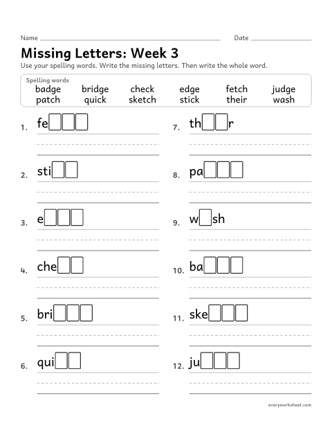 Preview of the printable “Missing Letters: week 3 (-ck, -tch and -dge)” worksheet: writing the missing pattern letters in spelling words with ck, tch and dge at the end, as in quick, fetch and bridge