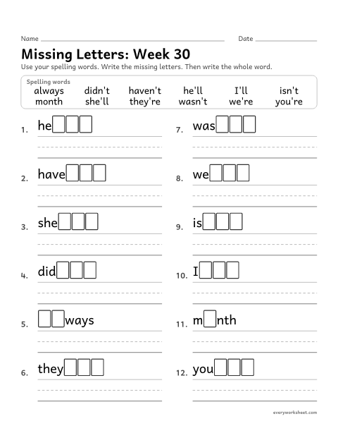 Preview of the printable “Missing Letters: week 30 (Contractions)” worksheet: writing the missing pattern letters in spelling words with apostrophes for not, will and are, as in isn't, he'll and they're