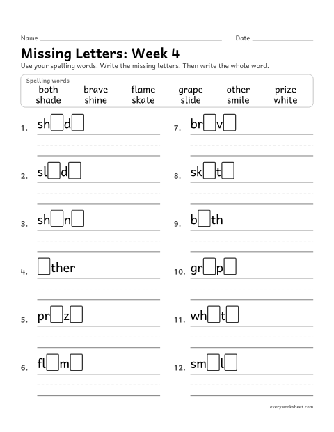 Preview of the printable “Missing Letters: week 4 (Silent e: a_e and i_e)” worksheet: writing the missing pattern letters in spelling words with silent e, as in skate and smile