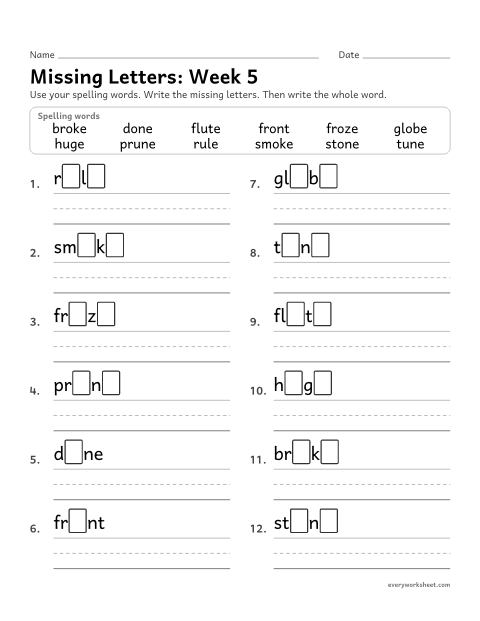 Preview of the printable “Missing Letters: week 5 (Silent e: o_e and u_e)” worksheet: writing the missing pattern letters in spelling words with silent e, as in stone and huge