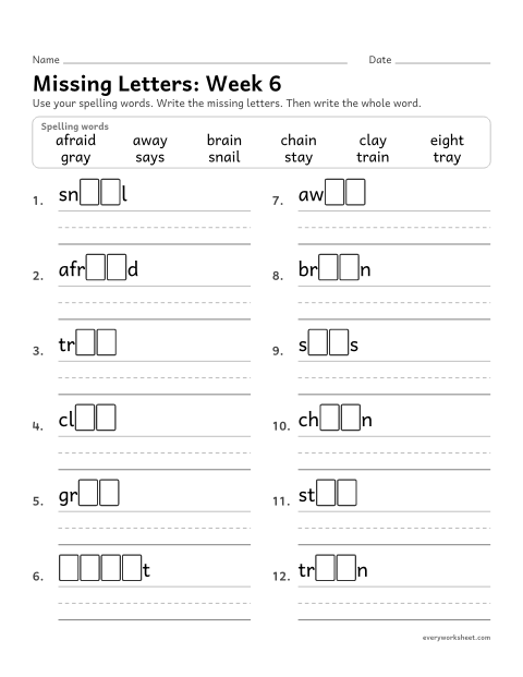 Preview of the printable “Missing Letters: week 6 (Long a: ai and ay)” worksheet: writing the missing pattern letters in spelling words with long a spelled ai and ay, as in train and stay