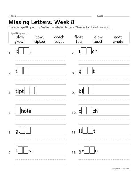 Preview of the printable “Missing Letters: week 8 (Long o: oa, ow and oe)” worksheet: writing the missing pattern letters in spelling words with long o spelled oa, ow and oe, as in goat, blow and toe