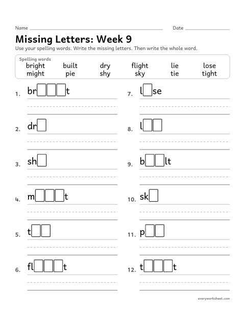 Preview of the printable “Missing Letters: week 9 (Long i: igh, ie and y)” worksheet: writing the missing pattern letters in spelling words with long i spelled igh, ie and y, as in bright, pie and sky