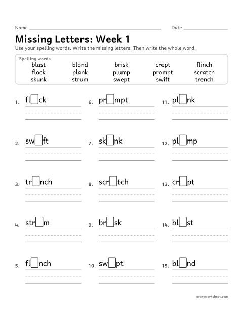 Preview of the printable “Missing Letters: week 1 (Short vowels)” worksheet: writing the missing pattern letters in spelling words with short vowels with blends, as in plank, crept, swift, blond and plump