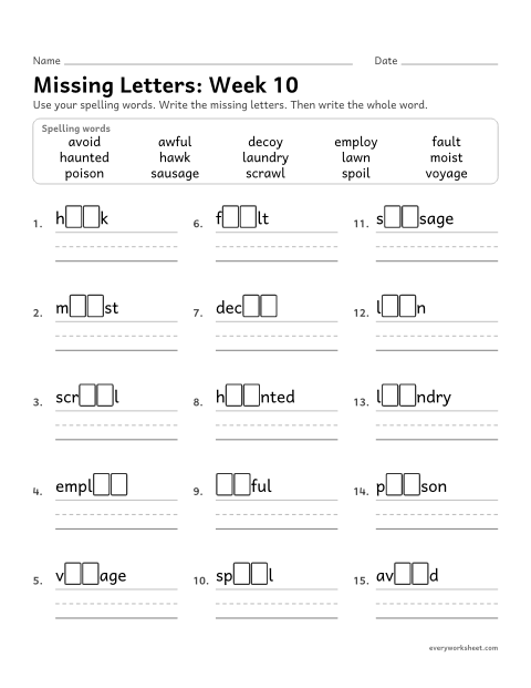 Preview of the printable “Missing Letters: week 10 (oi, oy, au and aw)” worksheet: writing the missing pattern letters in spelling words with oi, oy, au and aw, as in moist, voyage, fault and hawk