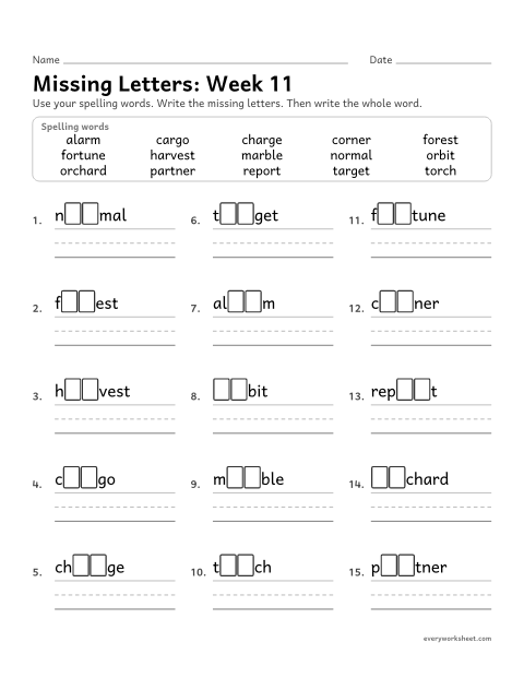 Preview of the printable “Missing Letters: week 11 (ar and or)” worksheet: writing the missing pattern letters in spelling words with ar and or, as in alarm and orchard