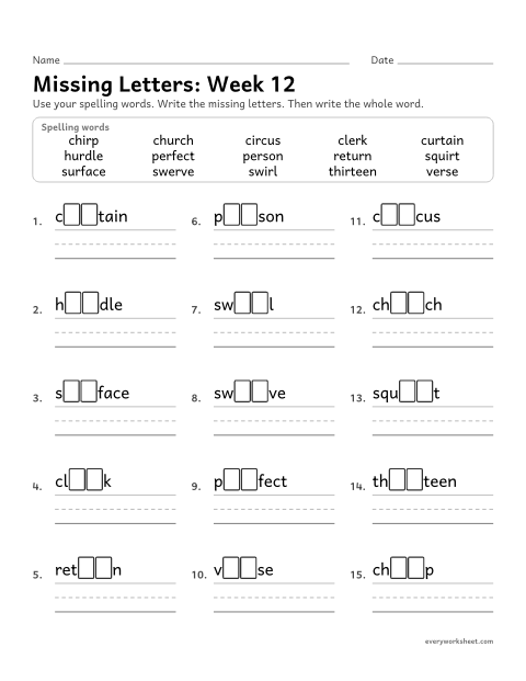 Preview of the printable “Missing Letters: week 12 (er, ir and ur)” worksheet: writing the missing pattern letters in spelling words with er, ir and ur, as in clerk, chirp and curtain