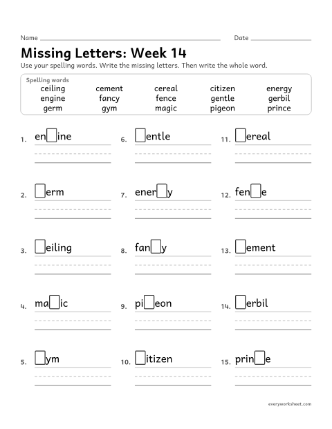 Preview of the printable “Missing Letters: week 14 (Soft c and soft g)” worksheet: writing the missing pattern letters in spelling words with soft c and soft g, as in fence, cereal, gentle and energy